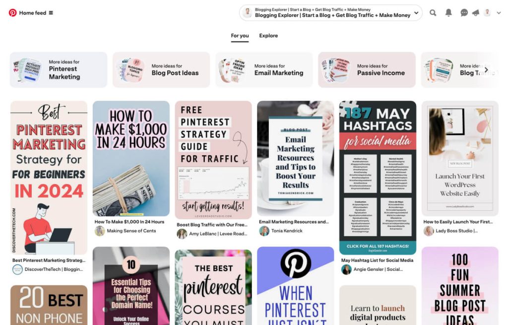 Screenshot of Pinterest search results for #digitalmarketing, displaying a variety of pins related to marketing tips, strategies, and trends.
