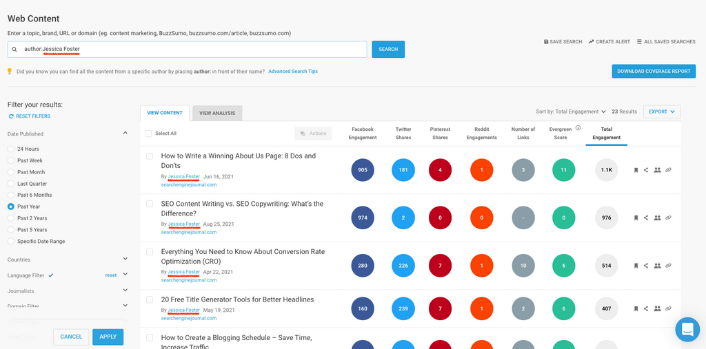 Screenshot of BuzzSumo's interface highlighting popular articles, engagement metrics, and content analysis tools.